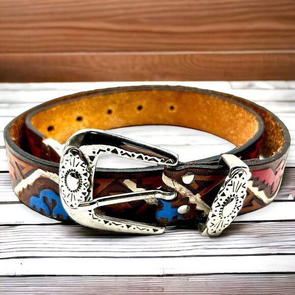Vintage Milor Tooled Leather Belt Southwest Thunderbird Aztec Size Small 1980s - Picture 1 of 12